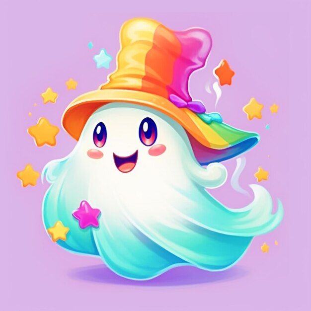 A cartoon ghost with a hat and stars on its head ai generative