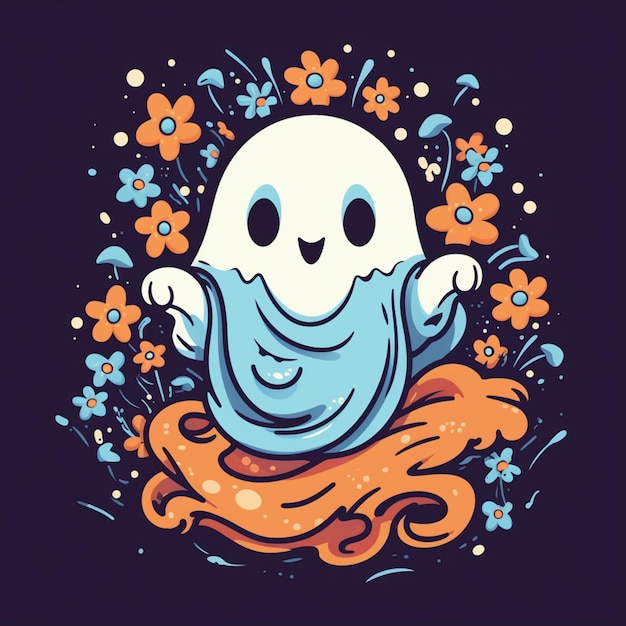 A cartoon ghost with a scarf and flowers around it generative ai