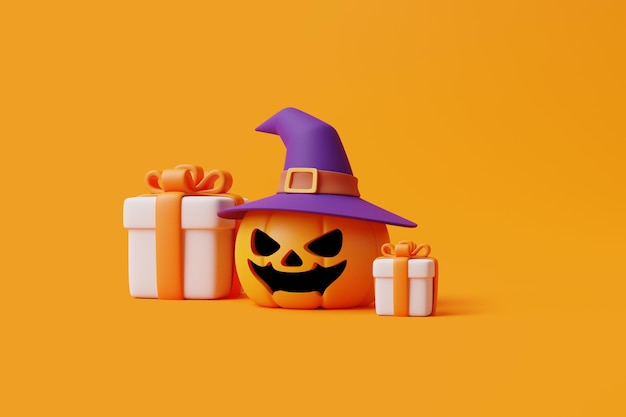 Cartoon gift boxes with Halloween Jack o Lantern pumpkin wearing witch hat on orange background 3D