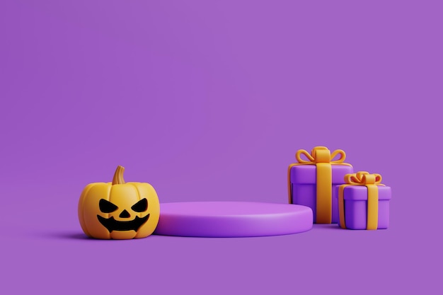 Cartoon gift boxes with halloween jack o lantern pumpkin with podium for product display 3d render