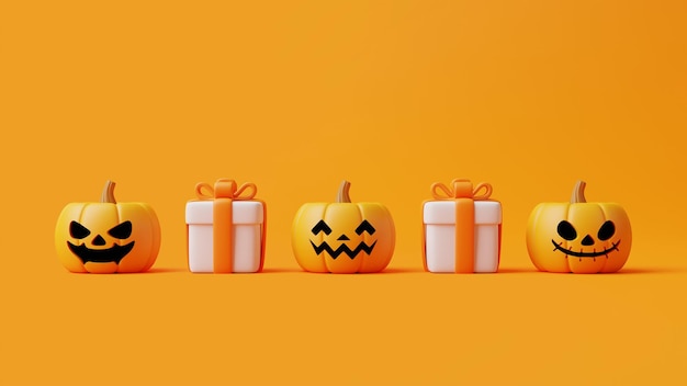 Cartoon gift boxes with halloween jack o lantern pumpkins on orange background 3d render