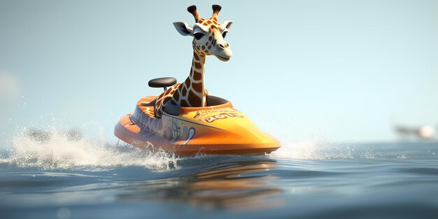 Cartoon Giraffe on a jetski on background sea Generative Ai