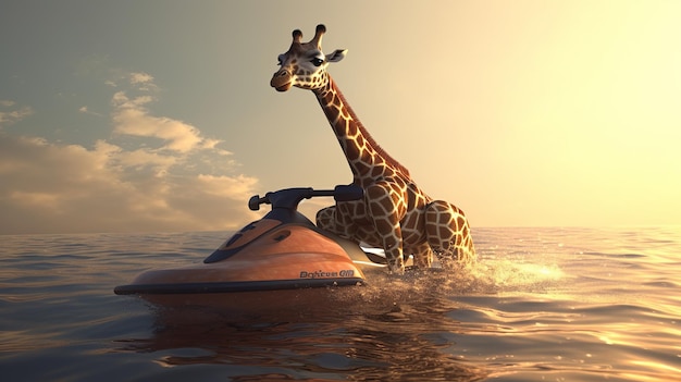 Мультяшный жираф на водном мотоцикле на фоне моря Generative Ai