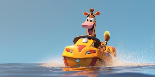 Cartoon Giraffe on a jetski on background sea Generative Ai