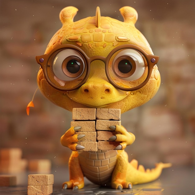 cartoon giraffe met een bril die een blok hout generatief ai vasthoudt