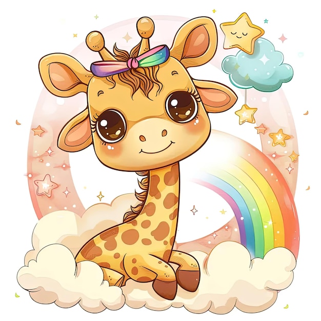 A cartoon giraffe sitting on a cloud with a rainbow