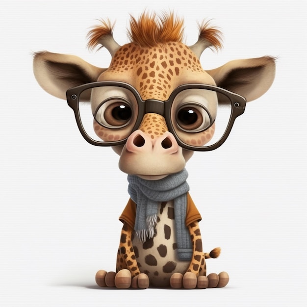 Cartoon giraffe wearing glasses and a scarf sitting down generative ai