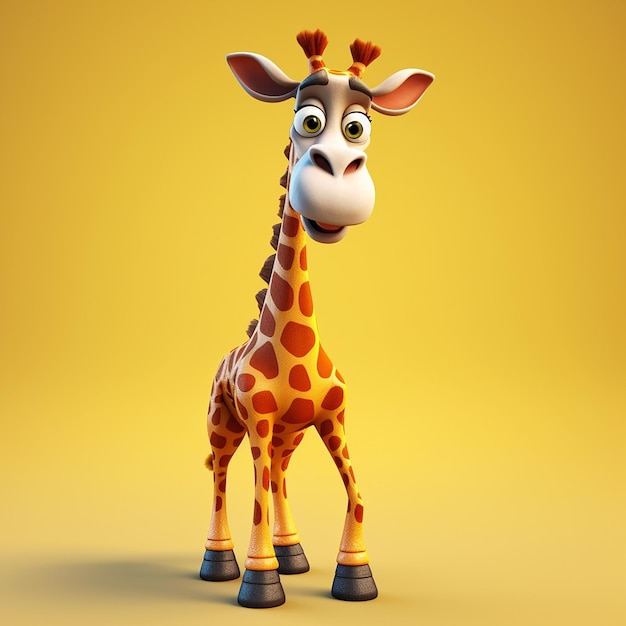 A cartoon giraffe with brown spots and a yellow background.