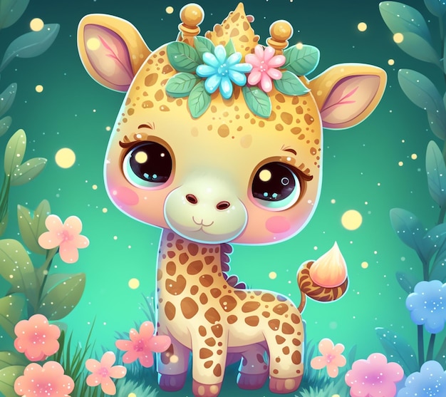 cartoon giraffe with a flower crown sitting in a field of flowers generative ai