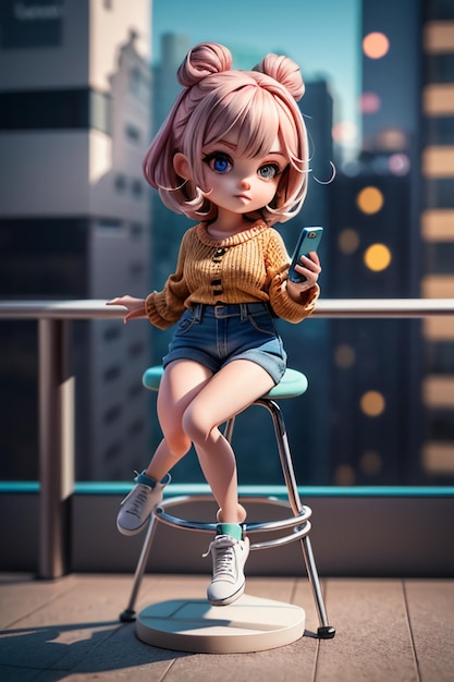 Cartoon girl anime style young beautiful beauty sitting on high stool wallpaper illustration