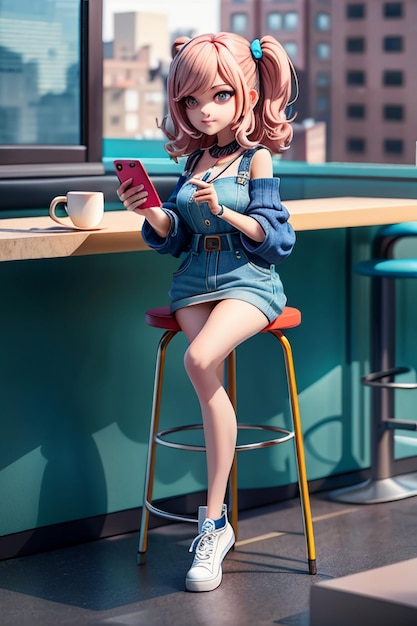 Cartoon girl anime style young beautiful beauty sitting on high stool wallpaper illustration