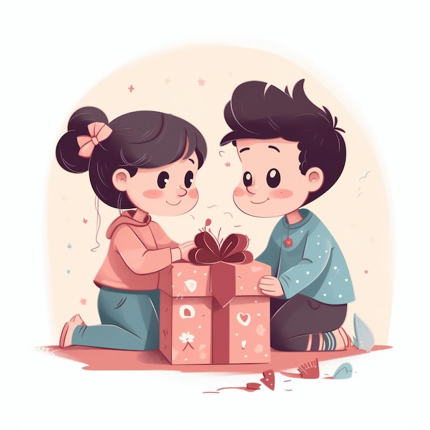 A cartoon of girl and boy gift exchange and showing love