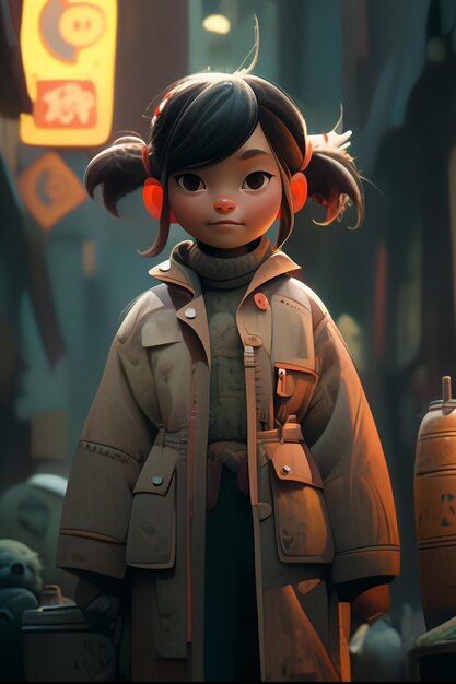 cartoon girl in a brown coat standing in a street generative ai