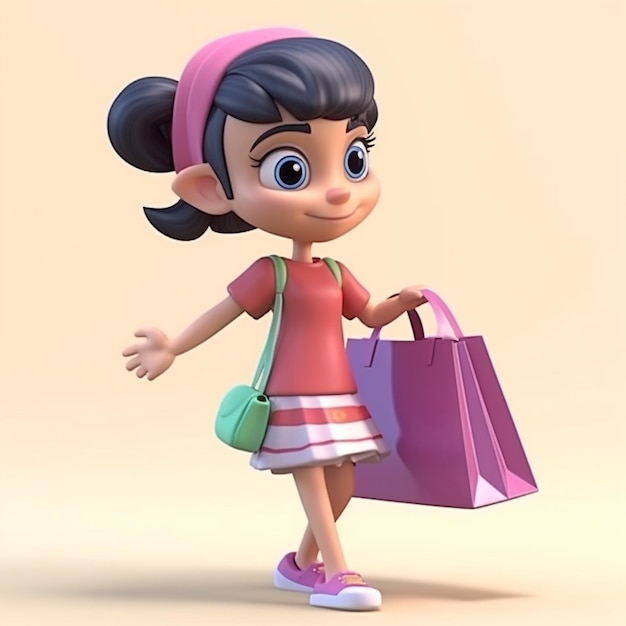 Cartoon girl carrying shopping bag shopping concept