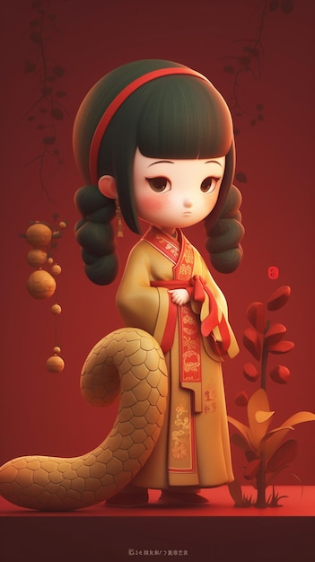 Карикатура на девушку в китайском платье со словом удача спереди.