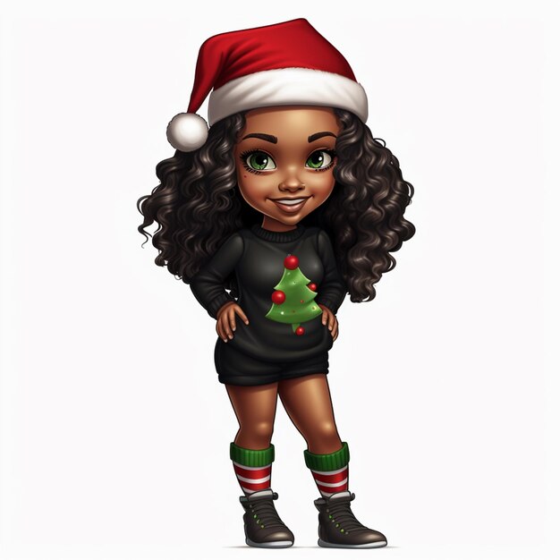 Photo cartoon girl in a christmas outfit with a tree on her shirt generative ai