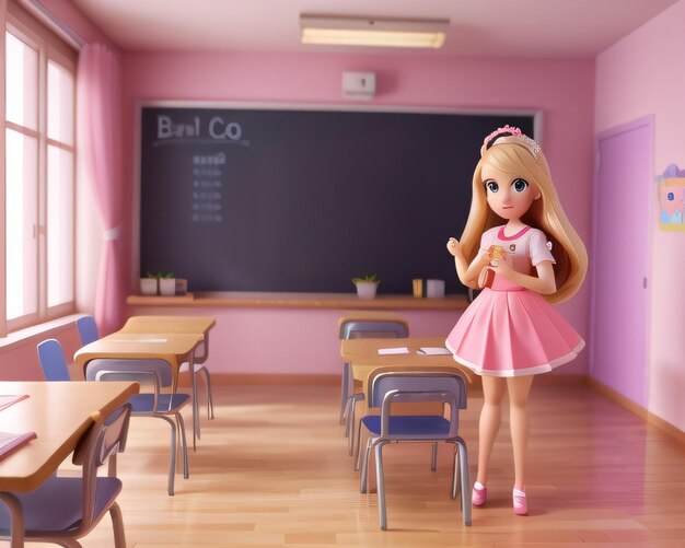 A cartoon girl in a classroom with a blackboard behind her.