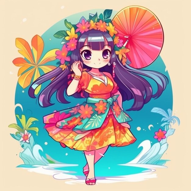 cartoon girl in a colorful dress with an umbrella and a flower wreath generative ai