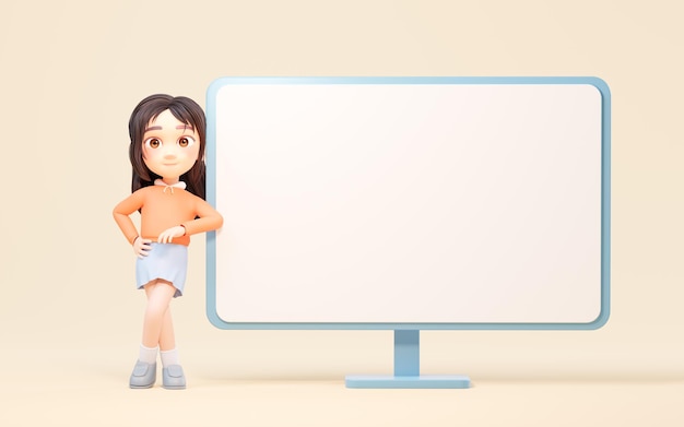 The cartoon girl and computer monitor 3d rendering