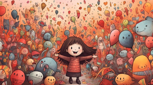 A cartoon of a girl in a crowd of balloons