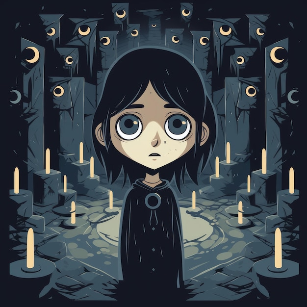 A cartoon of a girl in a dark room with many candles