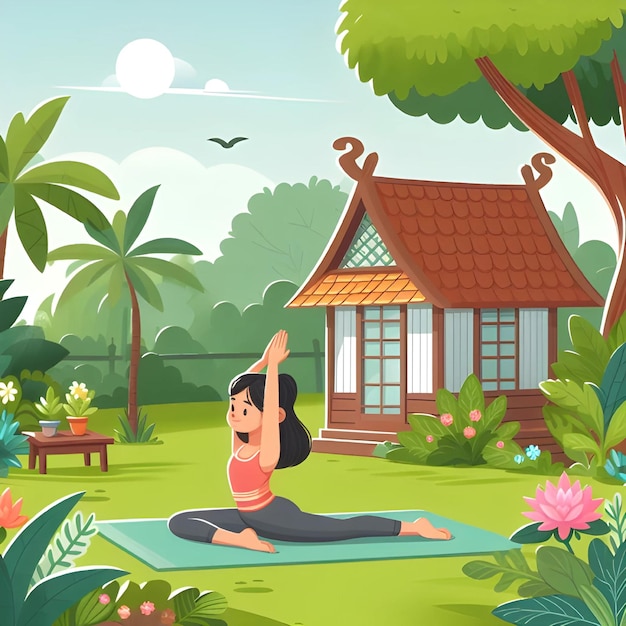 карикатура девушки, занимающейся йогой в саду Международный день йоги