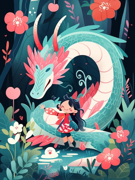 A cartoon of a girl and a dragon