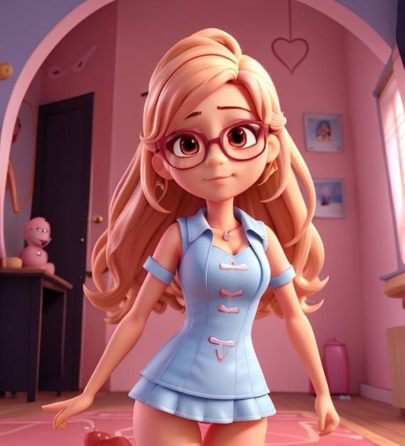 a cartoon girl in a dress and glasses