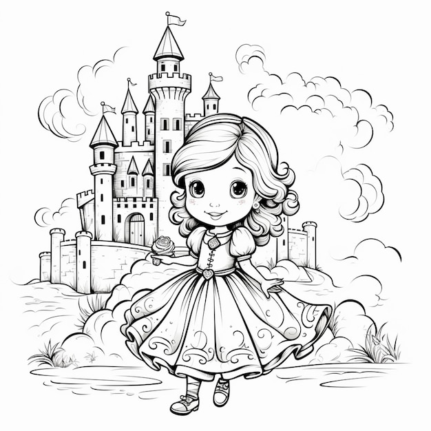 Photo a cartoon girl in a dress is standing in front of a castle generative ai