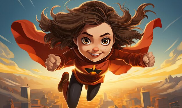 Photo a cartoon girl dressed as superhero flying in the air in the style of smilecore