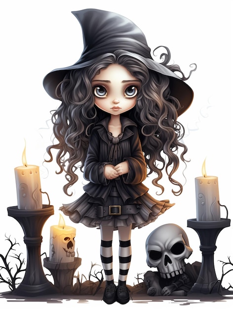 Cartoon girl dressed as a witch with a skull and candles AI Generative