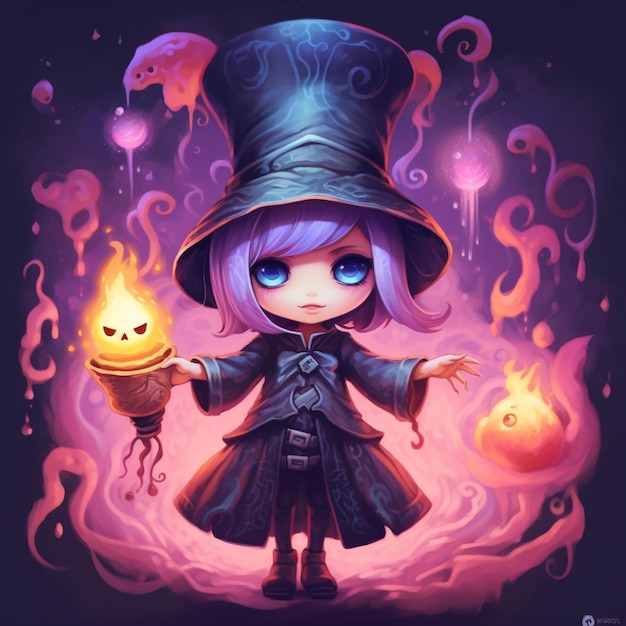 A cartoon girl dressed in a witch costume holding a glowing pumpkin generative ai