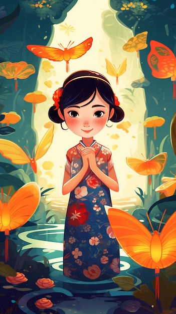 A cartoon of a girl in a flower dress with a butterfly on the front.