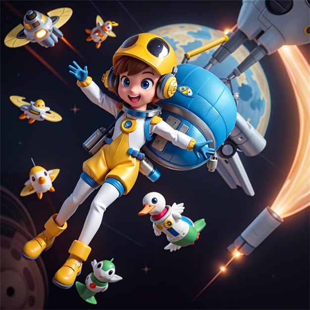 a cartoon of a girl flying a spaceship with a robot on the back.