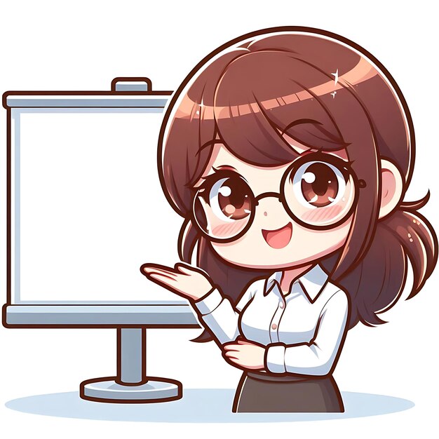Photo a cartoon of a girl in glasses holding a board that says quot she is holding up quot