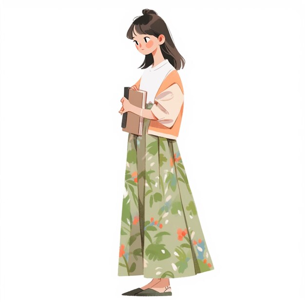 Photo cartoon girl in a green skirt holding a book and a brown bag generative ai