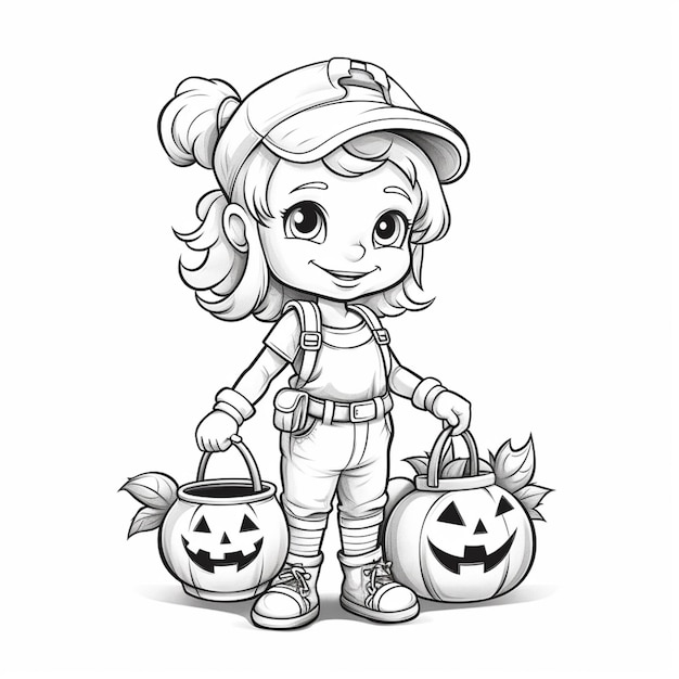 Foto una ragazza cartone animato in costume di halloween con in mano due zucche ai generative