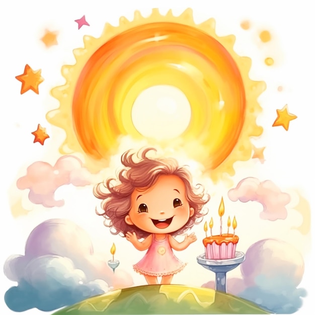 Фото Девушка из мультфильма с тортом с свечами и радугой в небе
