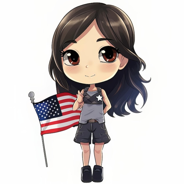 A cartoon of a girl holding a american flag.