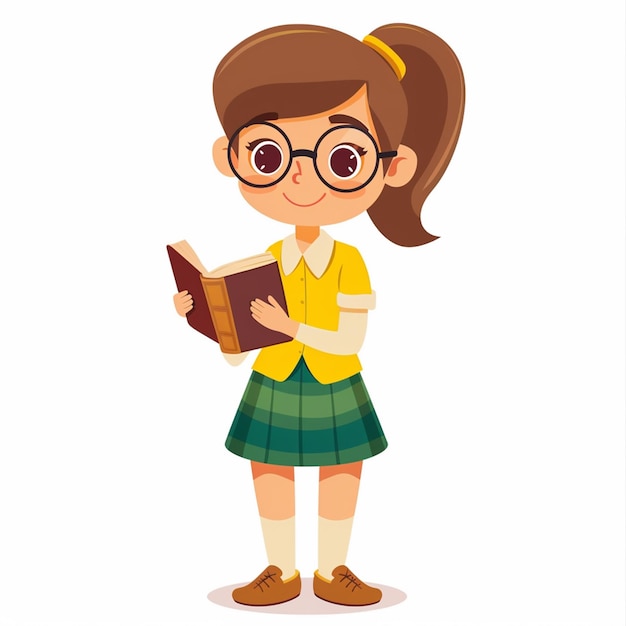 その上にeの文字が書かれた本を握っている女の子の漫画