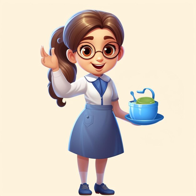 Cartoon girl holding a cake and waving with her hand generative ai
