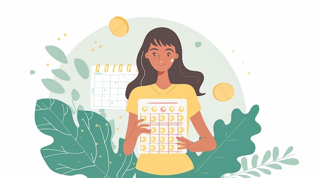 Foto un cartone animato di una ragazza che tiene un calendario di fronte a uno sfondo verde