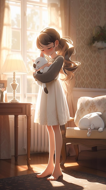 A cartoon girl holding a cat in a room