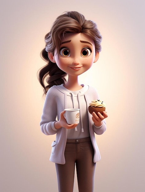 a cartoon of a girl holding a cup of coffee and a donut.