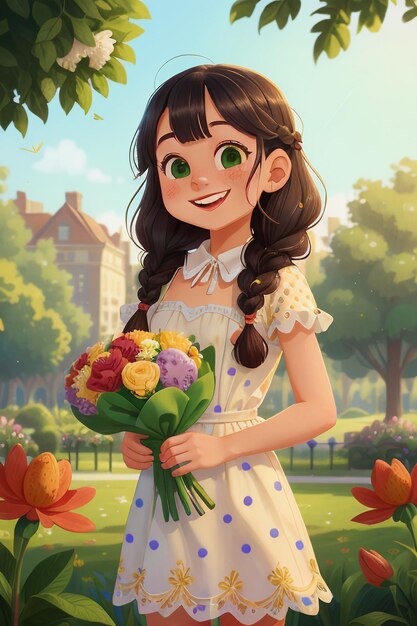 Cartoon girl holding flowers anime style beautiful smile wallpaper background illustration