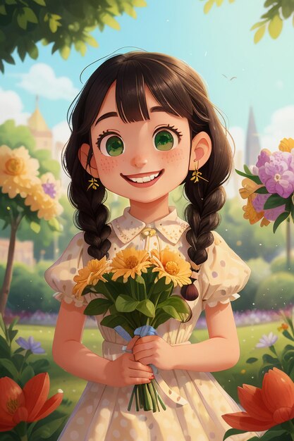 Cartoon Girl Holding Flowers Anime Style Beautiful Smile Wallpaper Background Illustration