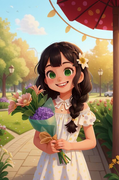 Cartoon girl holding flowers anime style beautiful smile wallpaper background illustration