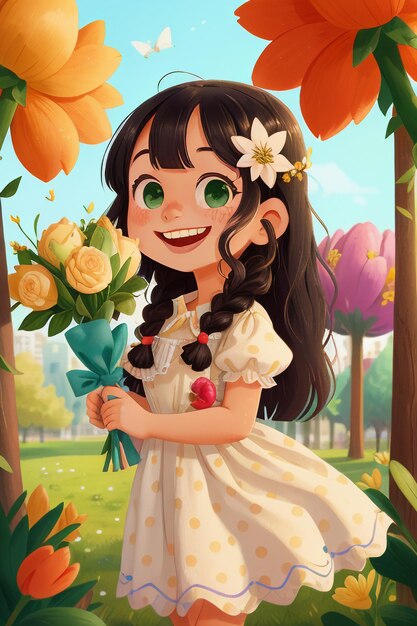 Cartoon girl holding flowers anime style beautiful smile wallpaper background illustration