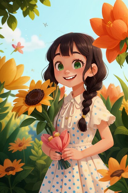 Фото Мультяшная девушка с цветами в аниме стиле красивая улыбка обои фон иллюстрация