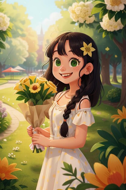 Cartoon girl holding flowers anime style beautiful smile wallpaper background illustration